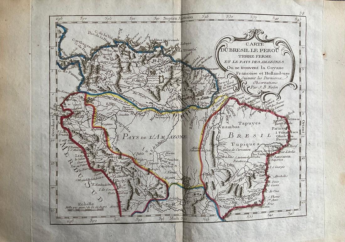 Northern South America, 1780/81 scarce map by J. B. Nolin: Title: Northern South America, 1780/81 scarce map by J. B. Nolin Date/Period: 1780/1781 Materials: Hand colored copper plate engraved Size: 14 1/2 x 10 1/4” The unexplored Amazon region is the c