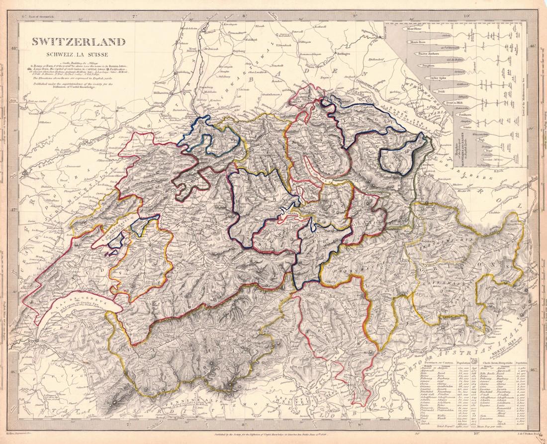 Switzerland Schweiz. La Suisse: Title: Switzerland Schweiz. La Suisse Publication Date: 1838 Cartographer: WALKER, J. & C. Publisher: SOCIETY FOR THE DIFFUSION OF USEFUL KNOWLEDGE/S.D.U.K. Size: 12.25 x 15.6 (HxW) Additional Informa