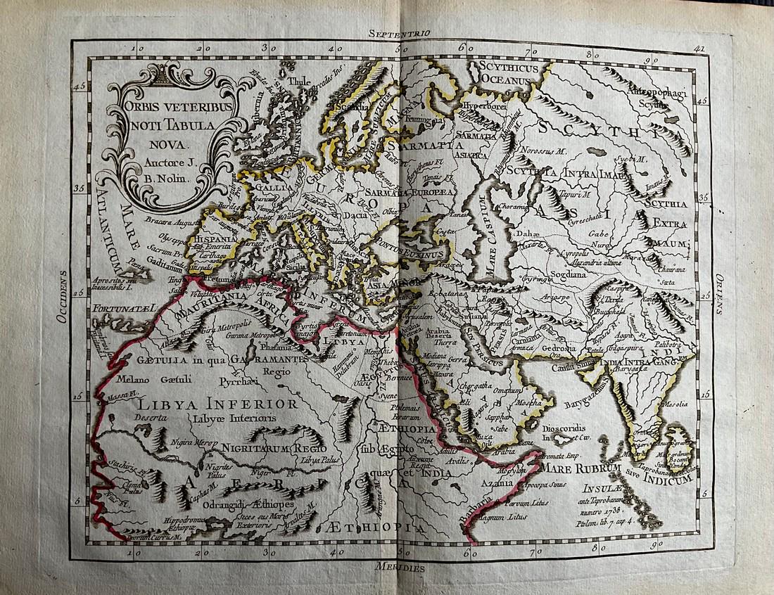 The known ancient world on contemporary geography, 1780/81 scarce map by J. B. Nolin: Title: The known ancient world on contemporary geography, 1780/81 scarce map by J. B. Nolin Date/Period: 1780/ 1781 Materials: Hand colored copper plate engraved Size: 14 1/2 x 10 1/4" The regions kno
