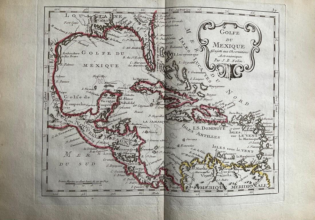 Caribbean with Florida and Central America, 1780/81 scarce map by J. B. Nolin: Title: Caribbean with Florida and Central America, 1780/81 scarce map by J. B. Nolin Date/Period: 1780/ 1781 Materials: Hand colored copper plate engraved Size: 14 1/2 x 10 1/4" One of the most unusua