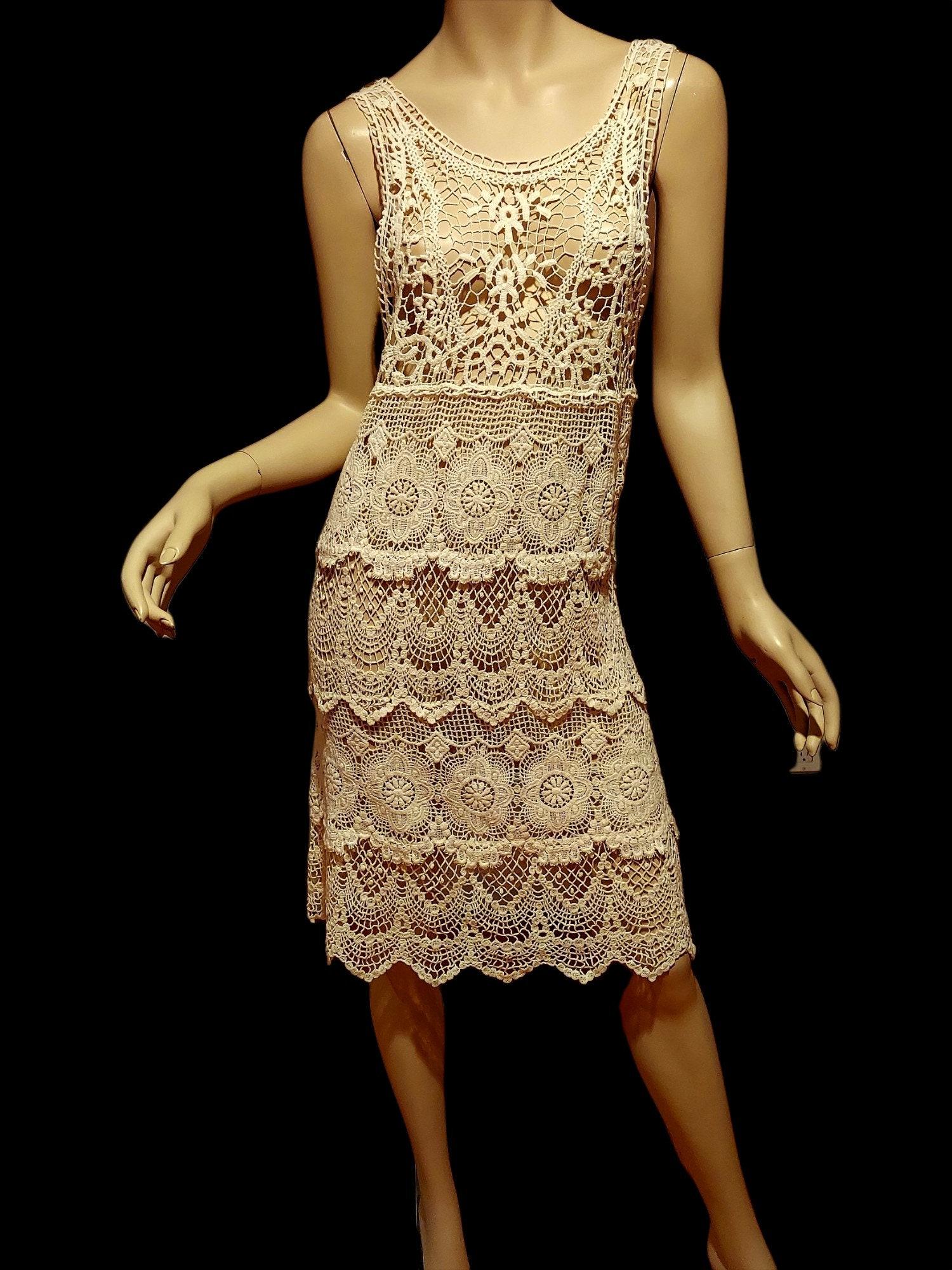 Vtg Retro Crochet Mesh Mod Boho Shift Dress Sheer Scalloped (1 of 8)
