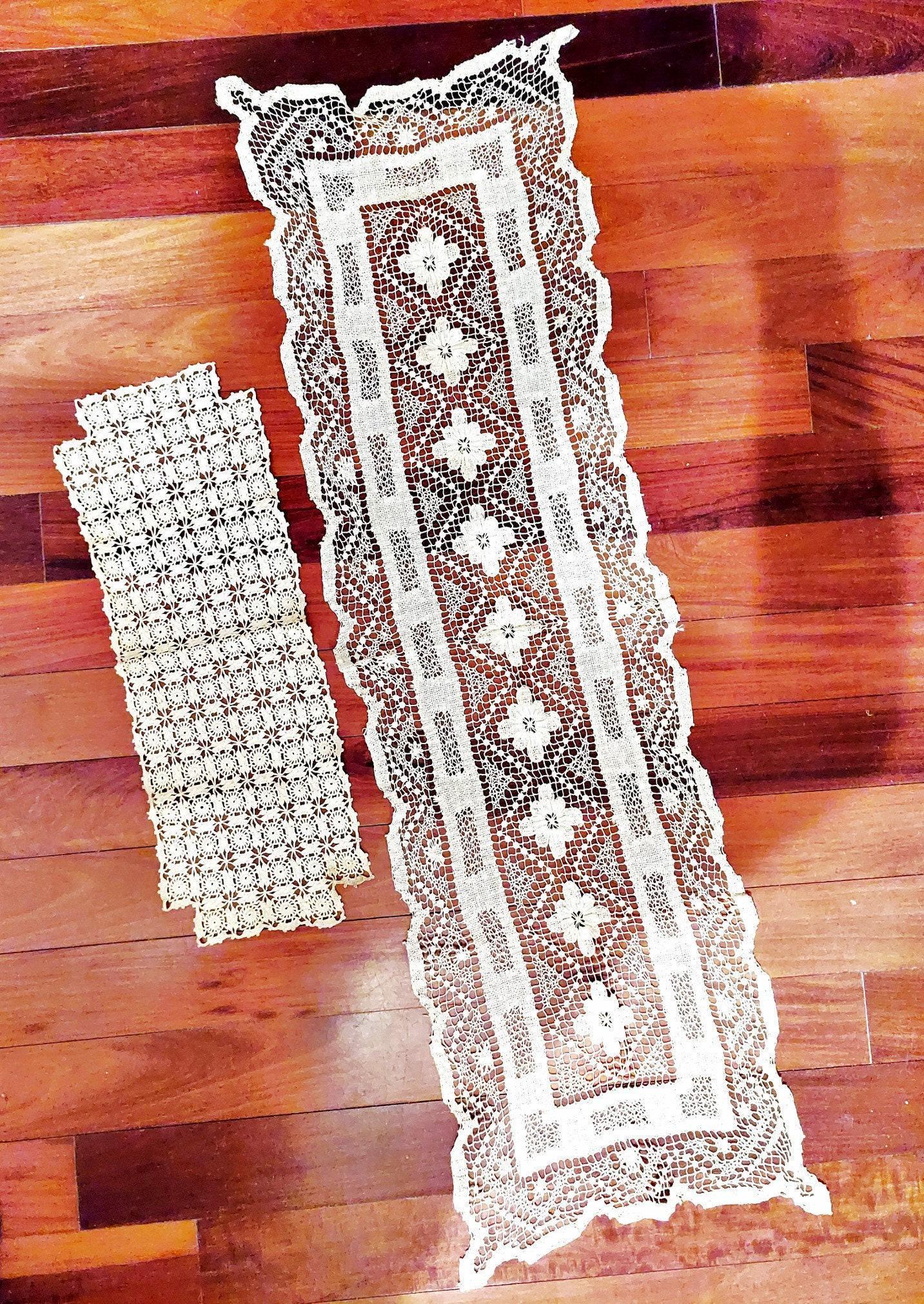Vtg 1930 Hand Crochet Lace Table Runners ( 2 ): Two Stunning Table Runners Circa 1930's Made in France From an Estate In L'Ille France In very good condition but need Cleaning from Age. 48"X13" 23"X8" Reserve: $65.00 Shipping: Domestic: Flat-rate o