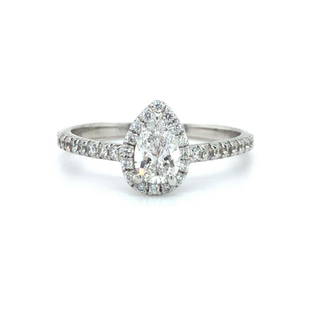 Tiffany & Co. Soleste Pear Diamond Halo Engagement Ring Platinum Size 6 GIA: Condition: Excellent Condition, Professionally Cleaned and Polished Metal: Platinum Center Diamond: Pear Shaped Diamond .41ct Center Diamond: Color E Center Diamond: Clarity VVS2 Style: Halo 