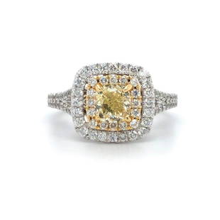 Neil Lane 2.06ctw Yellow Diamond Cushion Double Halo Engagement Ring Size 6.5: Condition: Excellent Condition Metal: 18k and 14k Gold (Marked, and Professionally Tested) Center Diamond: 1.00ct Fancy Light Yellow Cushion Cut Diamond Accent Diamonds: 1.06ct Round Cut White