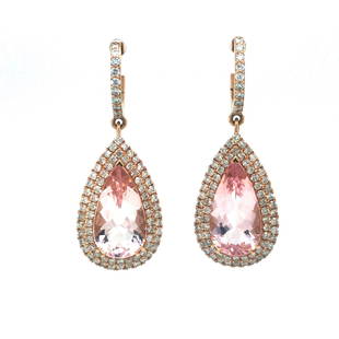 Kobelli 18k Rose Gold Pink Morganite and Diamonds Halo Drop Dangle Earrings: Condition: Excellent Condition, Professionally Cleaned and Polished Metal: 18k Gold (Marked, and Professionally Tested) Gemstone: Two Natural Pink Pear Shaped Morganites 4.85ctw Diamonds: Round