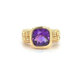 Haggai Vintage 14k Yellow Gold and Cushion Amethyst Squared Weave Ring Size 6.5: Condition: Excellent Condition, Professionally Cleaned and Polished Metal: 14k Gold (Marked, and Professionally Tested) Weight: 15.7g Gemstone: Deep Purple Cushion Cut Amethyst Gemstone: Size