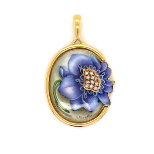 Gabriella Rivalta Vintage 18k Yellow Gold Diamond and Enamel Flower Pendant: Condition: Very Good Condition - Minor Enamel Loss Metal: 18k Gold (Marked, and Professionally Tested) Weight: 14.3g Length: 1.75" Width: 1.1" Diamonds: Round Brilliant Diamonds .10ctw 