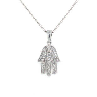 Effy 14k White Gold Diamond Hamsa Pendant Necklace 17": Condition: Excellent Condition, Professionally Cleaned and Polished Metal: 14k Gold (Marked, and Professionally Tested) Weight: 2.4g Diamonds: Round Brilliant Diamonds .20ctw Pendant: .9" x .45" 