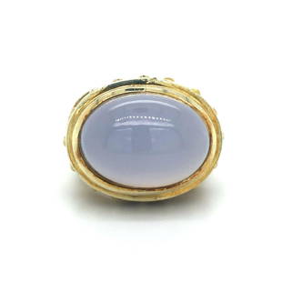 Aletto & Co. 14k Gold Periwinkle Chalcedony Etruscan Cocktail Ring Size 6.75: Condition: Very Good Condition Metal: 14k Gold (Marked, and Professionally Tested) Weight: 19.3 Gemstone: Oval Periwinkle Chalcedony Face Width: 19mm Size: 6.75 Markings: "Aletto & Co." "585"