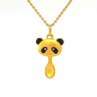 24k Pure Yellow Gold and Black Enamel Panda Baby Spoon Pendant Necklace 16.5": Condition: Excellent Condition, Professionally Cleaned and Polished Metal: 24k Gold (Marked, and Professionally Tested) Weight: 6g (Pendant and Chain) Pendant: Dimensions 1" x .5" Necklace