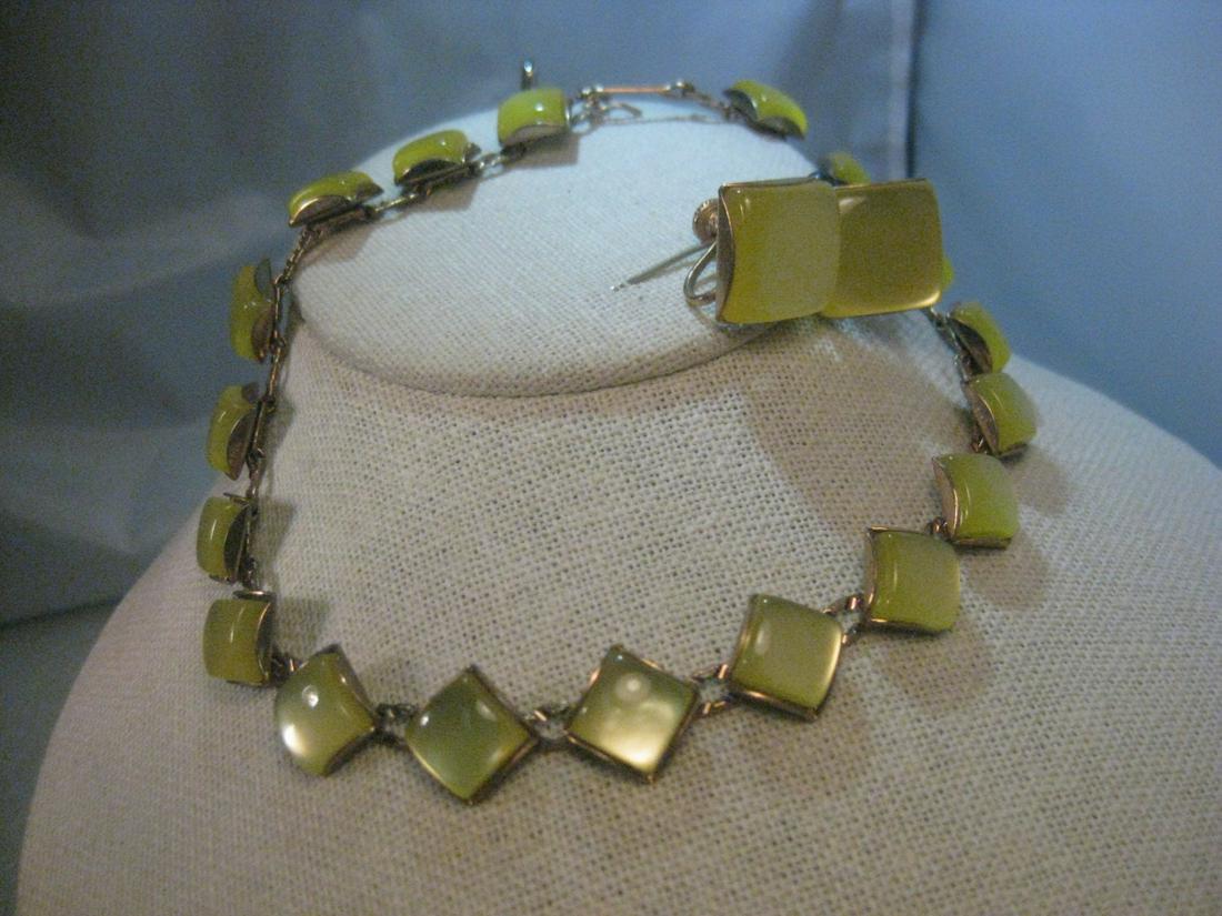 Vintage 1950's Demi Parure Square Yellow Moonglow: Vintage Demi Parure Stamped Chain Yellow Moonglow Lucite, Choker/Necklace, Earrings, and Bracelet Set. This is top quality and not the thick costume gold tone metal seen in the 1960's. The square moon
