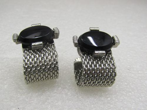 Vintage Men's Black Stone Mesh Wrapped Cufflinks, Signed Lisa (1 of 5)