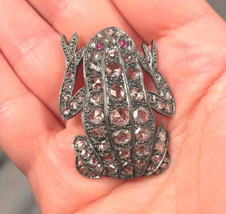Rare Victorian 50 Diamonds Frog Brooch With Ruby Eyes: Rare Victorian Diamonds Frog Brooch With Ruby Eyes. There are 50 old rose cut diamonds and two cabochon ruby eyes. Most of the diamonds average I color and VS 2 Clarity. Approximately 3.00+ carats of