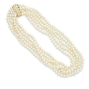 Beautiful Cultured Pearls and 14K Gold Five Strand Bib Necklace: Beautiful Cultured Pearls and 14K Gold Five Strand Bib Necklace. The necklace is composed of five strands of cultured pearls, they measure 6 to 6.5 mm. With the 14K gold plunger clasp they measure