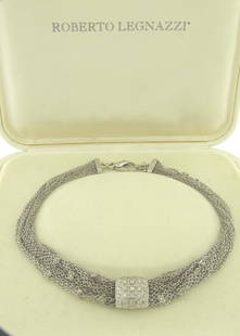 Beautiful Multi Strand18K White Gold and Diamonds Necklace 60.4 Robert Legnazzi: Italian Jeweler signed Robert Legnazzi 18K White Gold and diamonds multistrand necklace. It measures 16-3/4 inches and can be made longer by adjusting the loops at the back. It weighs 60.4 grams and