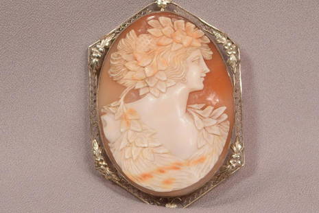 Superb Shell Cameo Khloris - Goddess of Flowers 14K Gold Frame Pendant Brooch: Superb Carved Shell Cameo Khloris, Goddess of Flowers 14K Gold Frame Pendant Brooch. This is an extraordinary high relief carved cameo she actually looks alive. The back of the cameo has a pin