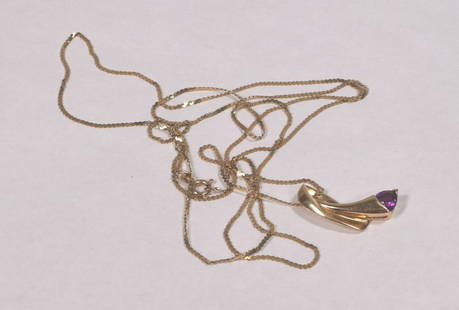 Lovely Vintage Marked 14k Designer Marked BZ Gem Amethyst Pendant 39" Necklace: Lovely Vintage Marked 14k Designer Marked BZ Gem Amethyst Pendant 39" Necklace. The necklace has a beautiful rounded triangular amethyst measuring .84 carat. The pendant portion of the necklace