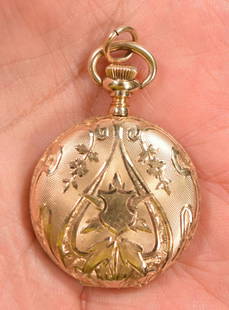 Antique Art Nouveau Elgin Ladies 14K Gold Hunting Case Pendant Watch: Antique Art Nouveau Elgin Ladies 14K Gold Hunting Case Pendant Watch. the movement is marked 15 jewel and numbered 11172081 indicating this watch was made in 1904. We just got it back from our