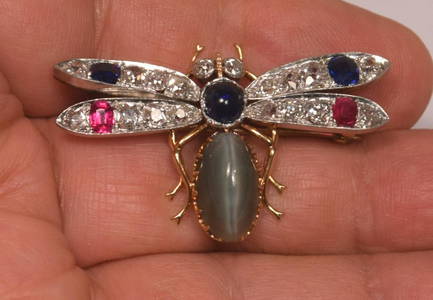 Antique 18K Gold Platinum Gem Cats Eye Diamonds Rubies Sapphires Insect Brooch
