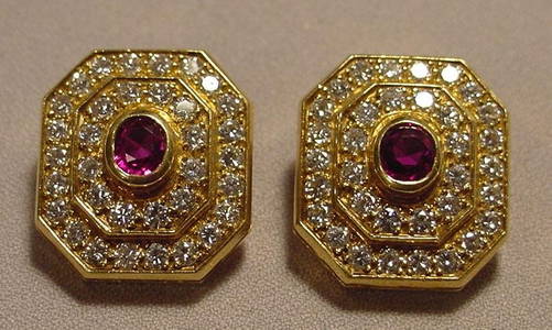 Vintage 14k Diamonds Rubies Designer Clipback Earrings