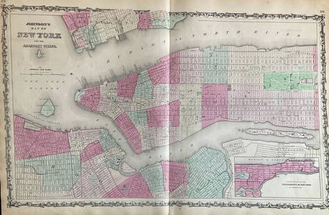 New York City, 1862 by Johnson and Ward: Title: New York City, 1862 by Johnson and WardDate/Period: 1862Materials: Steel plate engravedSize: 19" x 27" 1862 from 'Johnson's New Illustrated Family Atlas' By Johnson and Ward. Published in New