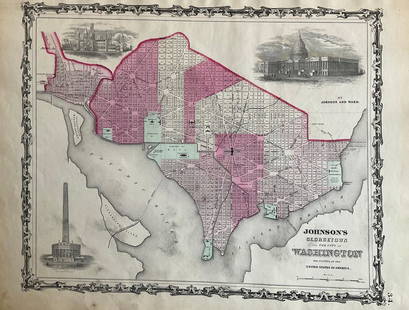 Washington D.C. 1862 by Johnson and Ward: Title: Washington D.C. 1862 by Johnson and Ward Date/Period: 1862 Materials: Steel plate engraved Size: 19" x 14" 1862 from 'Johnson's New Illustrated Family Atlas' By Johnson and Ward. Published in N