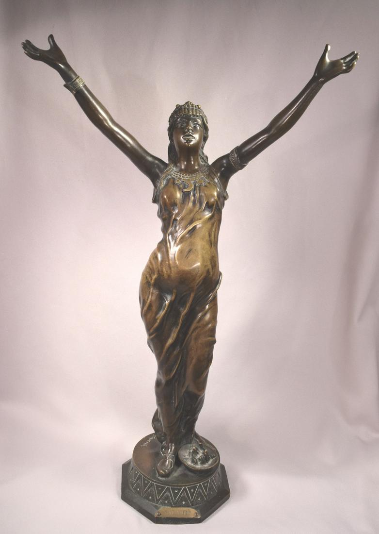 Salambo Orientalist Female Bronze Sculpture Signed J. Garnier (1853-1910 French): Salambo Orientalist Female Bronze Sculpture Signed J. Garnier (1853-1910 French). Beautiful antique female figure with her arms outstretched atop an integral octagonal base incised signature to base: