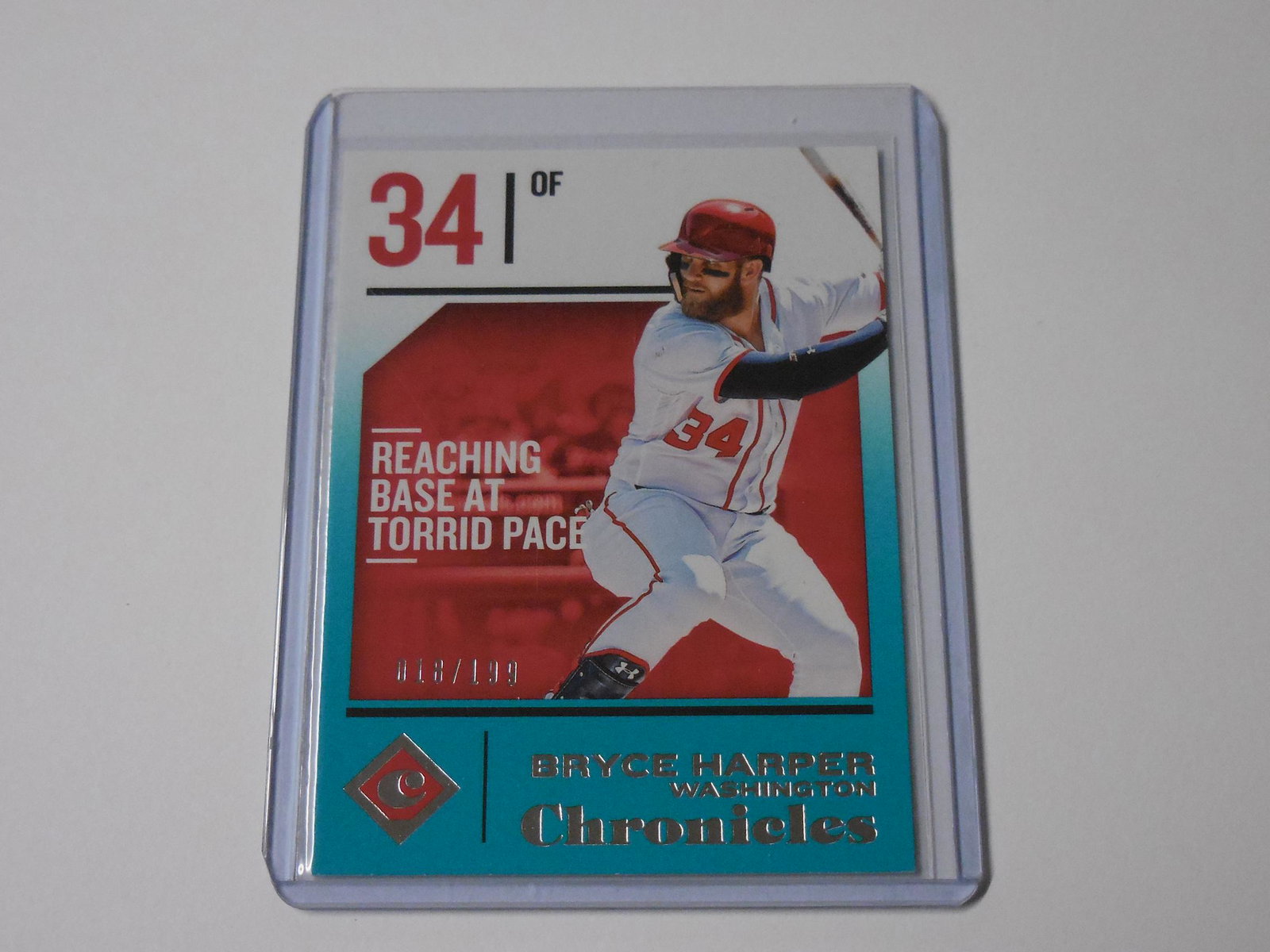 18 CHRONICLES BRYCE HARPER TEAL #D 018/199: Title: 18 CHRONICLES BRYCE HARPER TEAL #D 018/199 Date/Period: MODERN Additional Info:HELLO THANKS FOR VISITING OUR AUCTION. UP FOR SALE IS A WONDERFUL ITEM FOR ANY CARD COLLECTOR! I DO MY BEST TO PUT