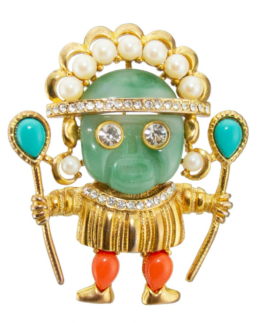 Kenneth Jay Lane Gold, Jade, Lapis & Coral Aztec Warrior/Medicine Man Pin (1 of 5)