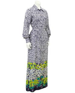 Malcom Starr Navy and White Chintz Floral Ensemble: 1970s Rizkallah for Malcolm Starr cotton navy, white and green chintz floral printed maxi skirt ensemble. Youssef Rizkallah designed for Malcolm Starr from 1969 to 1975. The long sleeve button down to