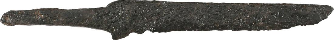 VIKING SIDE KNIFE OR POUCH KNIFE, 879-1067 AD, CAMBRIDGESHIRE, ENGLAND: 2 5/8" total length. Particularly thin section for slashing, distinguishing it from a working knife. Whittle tang, to secure it to the wood, bone, or antler grip, now perished. Isolated pockmarks oxid