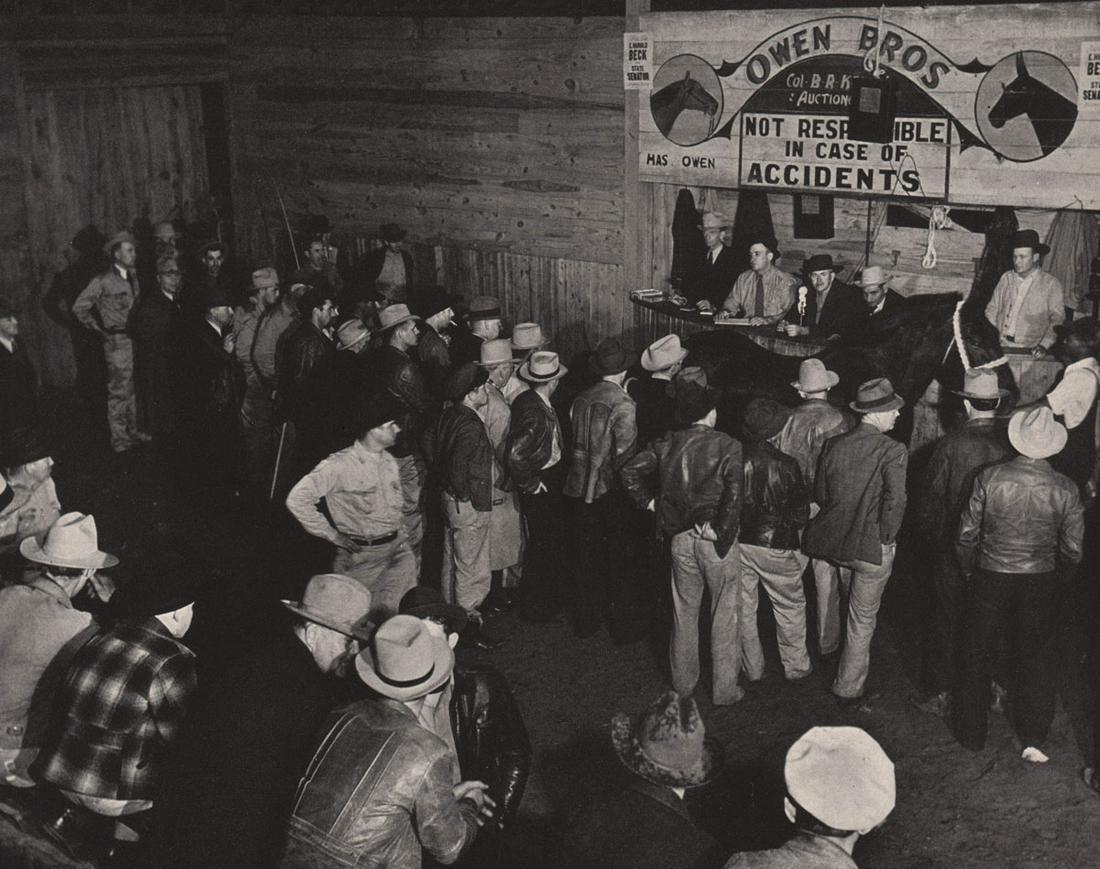 MARGARET BOURKE WHITE - Horse-trader auction: Artist: MARGARET BOURKE WHITE Print Title: Horse-trader auction Printing Date: 1940’s Medium: Photoengraving Printed in: the US Image Size: 6.5 x 8” Margaret Bourke-White June 14, 1904 