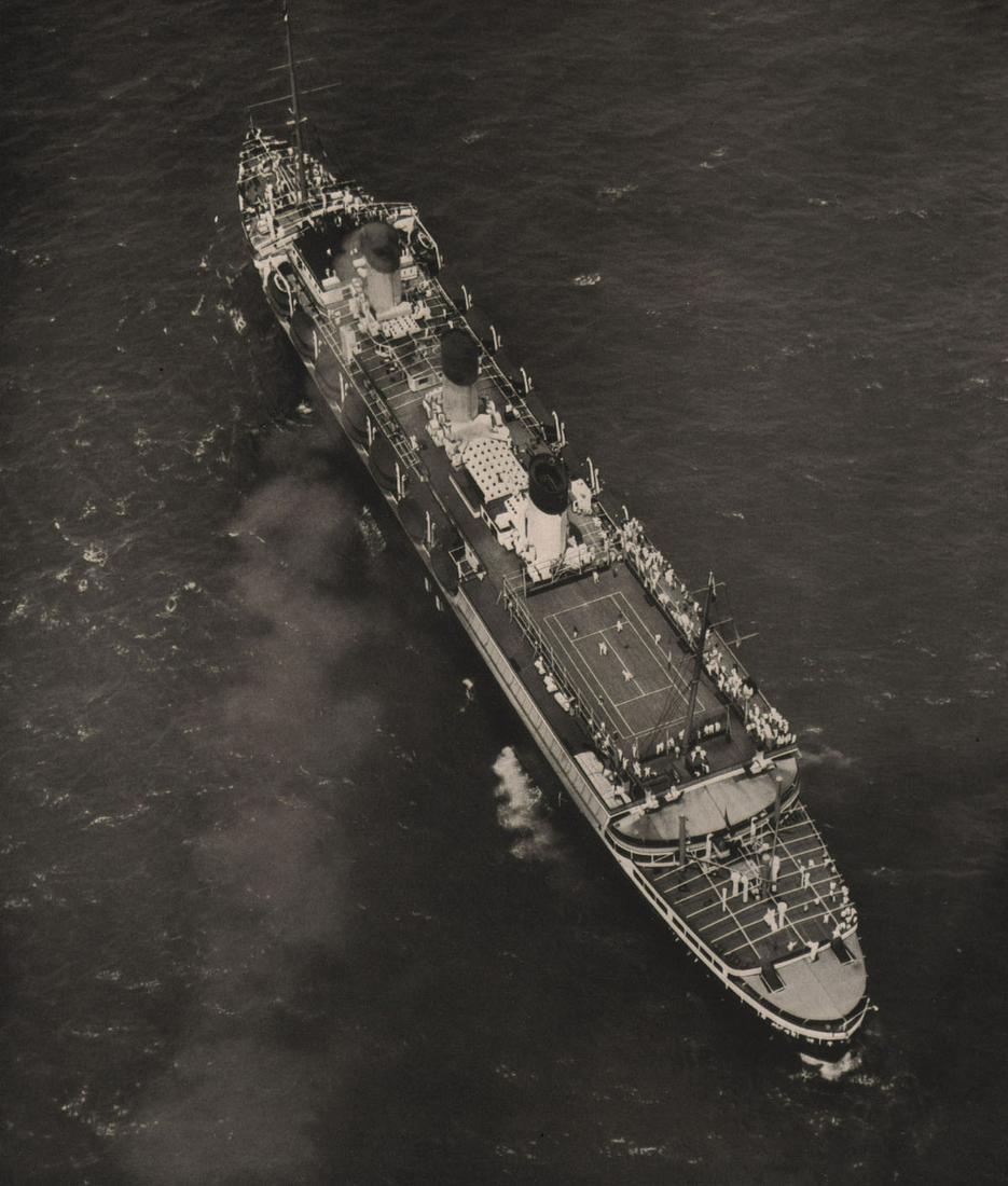 MARTIN MUNKACSI (MUKY) - Cap Arcona taken from the Graf Zeppelin: Artist: MARTIN MUNKACSI (MUKY) Print Title: Cap Arcona taken from the Graf Zeppelin Medium: Photoengraving Printing Date: 1930’s Printed in Germany Image Size: 7 X 6” Martin Munkacsi (1897