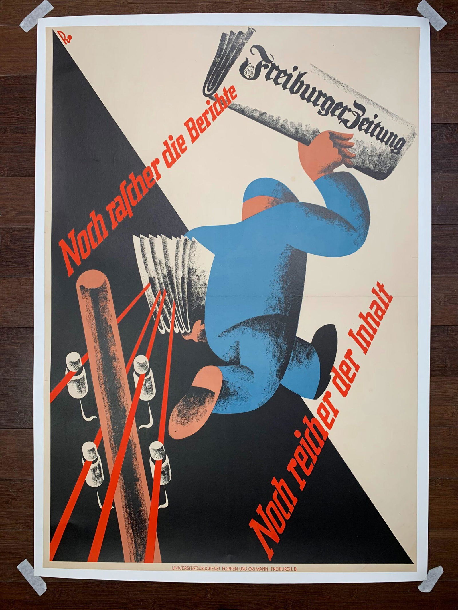 Freiburger Zeitung (1930's) 27.75" x 40.25" German Newspaper Advertising Poster LB (1 of 6)