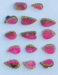 60 Carats Beautiful Bi Color Tourmaline Carving Leaves: Title: 60 Carats Beautiful Bi Color Tourmaline Carving LeavesOrigin: AfghanistanWeight: 60 CaratsSize/Dimensions: 12x7x3mm to 17x9x4 mm ( 14 PiecesDescription: Natural Reserve: $400.00 