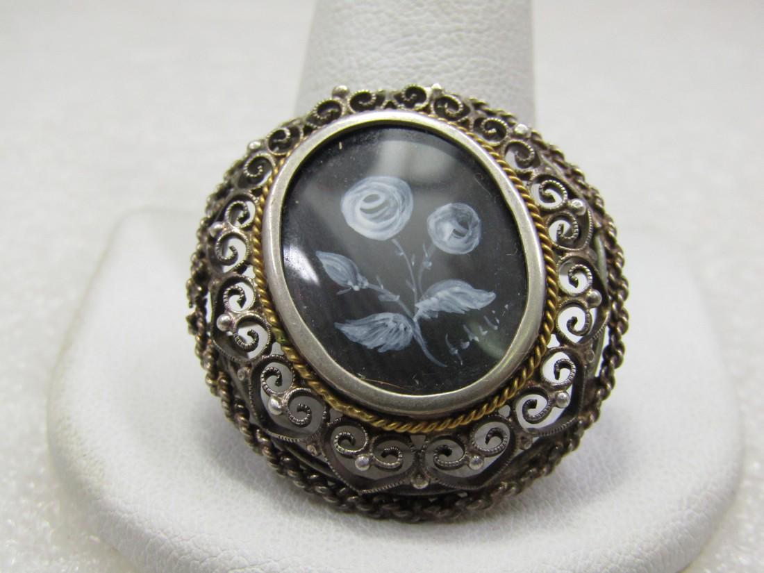 Vintage .800 Silver Hand Painted Rose Floral Brooch, Signed (1 of 7)