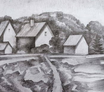 Pencil painting Village landscape Peter Tovpev: №Dobr 308 *** ABOUT THIS PAINTING *** * TITLE: "Village landscape" * ARTISTS: Peter Tovpev * SIZE: 16x20 cm/'6.29x7.87 inches' * MEDIUM: pencil, paper * HAND PAINTED: Original painting from