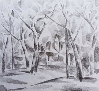 Abstract pencil painting Houses through the trees Peter Tovpev