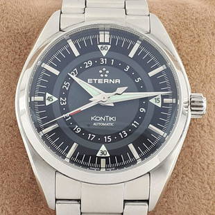 Eterna - Kontiki - 1598.41 - Men - 2011-present: Brand:Eterna Model:Kontiki Automatic Reference Number:1598.41 Gender:Men Period:2011-present Movement:Mechanical automatic Case material: Steel Extras:No Box & Papers Type:Analogue wristwatch Shipped