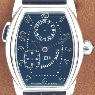 Jaquet-Droz - Tonneau GMT - Ref. J860.000.012 - Men - 2011-present: Brand: Jaquet-Droz Model: Tonneau GMT Gender: Men Period: 2011-present Movement: Mechanical hand winding Case material: Steel Extras: Warranty card ( Unfilled) Dial Color: Blue Type: Analogue