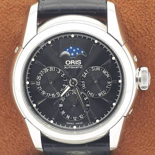 Oris - Artelier Complications - Ref : 7546A - Men - 2011-present: Brand: Oris Model: Artelier Complications Reference Number: 7546A Gender: Men Period: 2011-present Movement: Mechanical automatic Case material: Steel Dial Color: Black Extras: Box Type: Analogue