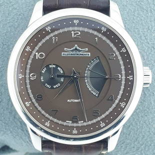 Zeno-Watch Basel - Pilot Instruments Chronograph - Men - 2011-present: Brand: Zeno-Watch Basel Model: Pilot Instruments Chronograph Gender: Men Period: 2011-present Movement: Mechanical automatic Case material: Steel Dial Color: Brown Extras: No Box & Papers Type: