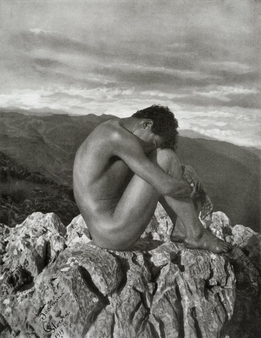 BARON WILHELM VON GLOEDEN - Male Nude On Mountaintop: Artist: Baron Wilhelm Von Gloeden Title: Male Nude On Mountaintop In Taormina, Sicily, 1914 Medium: Photo Litho, 2008, Italy Dimensions: 8.9x11.5" Description: Heat Wax Mounted on 11x14" Conservation 