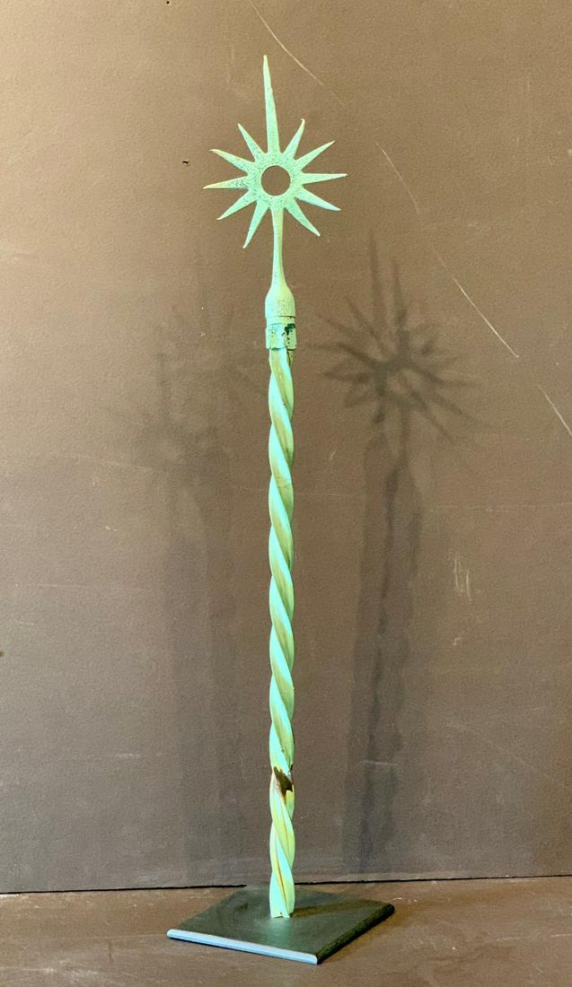 Late 19th c Lightning Rod in Superb Verdigris Color: Title: Late 19th c Lightning Rod in Superb Verdigris Color Dimension: 26 in. H Circa: 19th c Additional Information: Mounted on tripod bases on the roof ridge. Rare Sunburst pattern. Note Lightning St