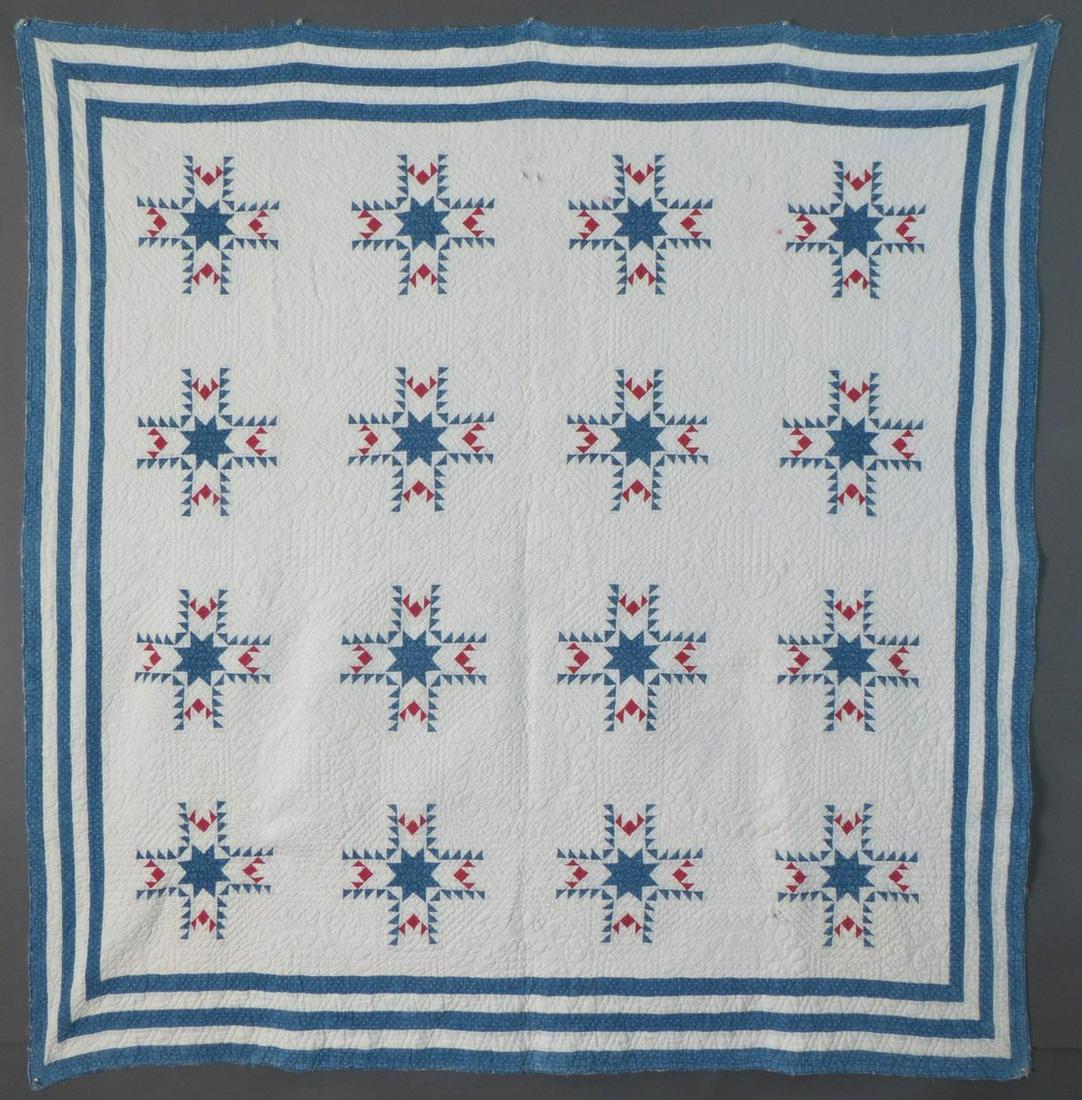 Unusual Antique Red White & Blue. Feather Star Variation Quilt (1 of 12)