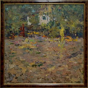 Oil painting Garden Sheludko Leonid Nikolaevich: №Vern 1470 *** ABOUT THIS PAINTING *** * TITLE: "Garden" * ARTISTS: Sheludko Leonid Nikolaevich * SIZE: 55x55 cm/'21.65x21.65 inches' * MEDIUM: oil, dvp * HAND PAINTED: Original painting