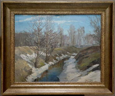 Oil painting End of winter Gorobets Pavel Matveevich: №Vern 1475 *** ABOUT THIS PAINTING *** * TITLE: "End of winter" * ARTISTS: Gorobets Pavel Matveevich * SIZE: 37x46 cm/'14.56x18.11 inches', frame size: 50x60 cm/'19.68x23.62 inches' * MEDIUM: