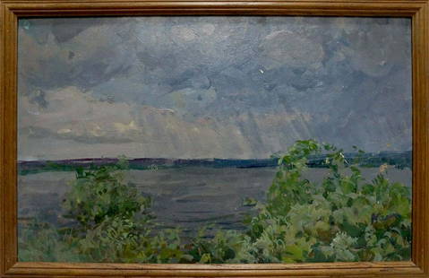 Oil painting Rain Kolosovsky Georgy Sergeevich: №Vern 1496 *** ABOUT THIS PAINTING *** * TITLE: "Rain" * ARTISTS: Kolosovsky Georgy Sergeevich * SIZE: 37x58 cm/'14.56x22.83 inches', frame size: 41x62 cm/'16.14x24.40 inches' * MEDIUM: oil,