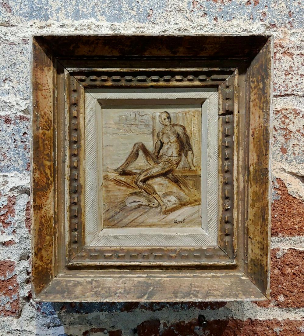 Reginald Marsh -Nude Male -Oil painting: Reginald Marsh -Nude Male -Oil painting Expressionist - oil and Tempera on panel -Signed - circa 1930s frame size 8 x 9" panel size 4x5" Artist Biography (1898 - 1954) Reginald Marsh was active/lived