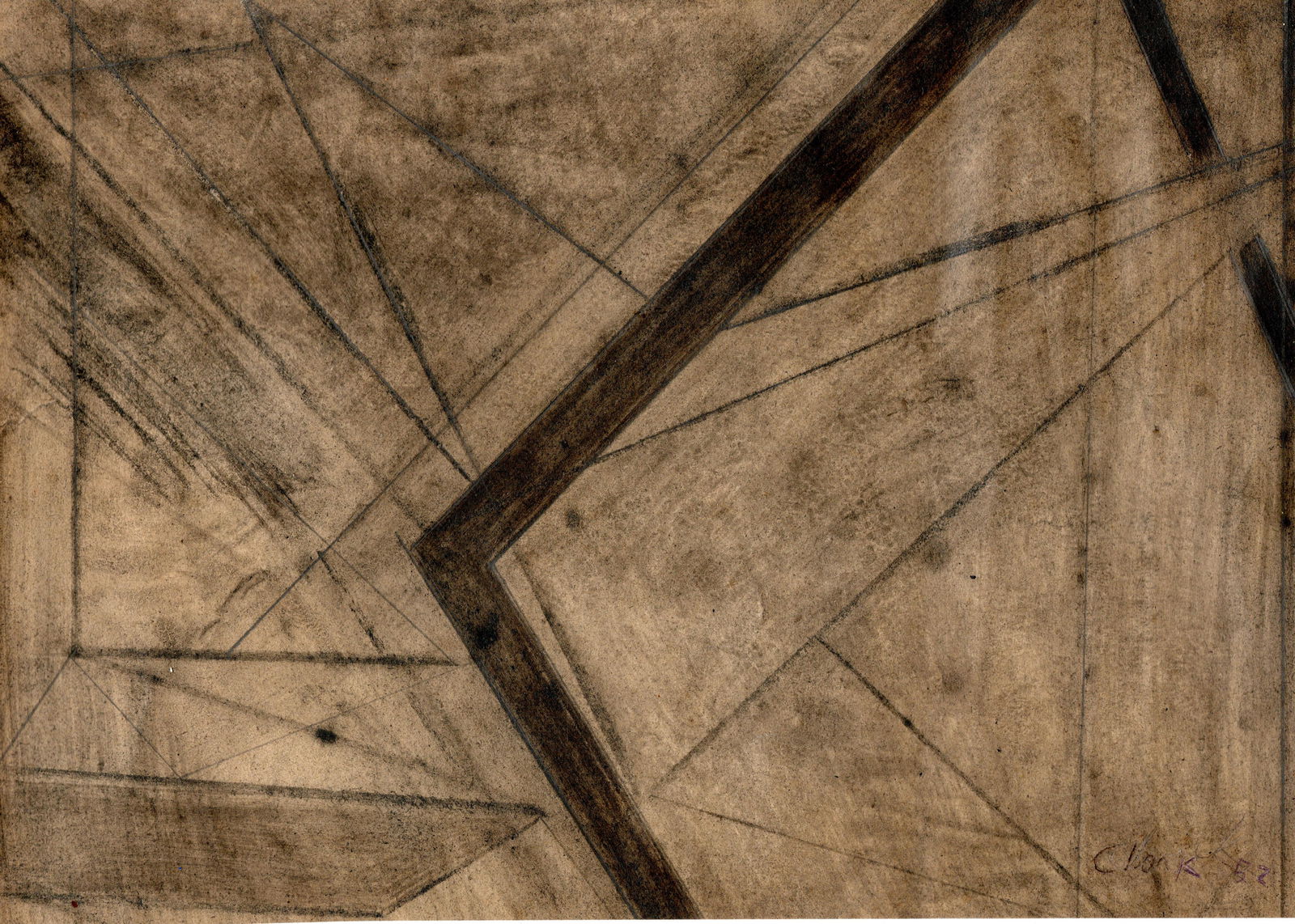 (ATTRIBUTED TO) Lygia Clark - Constructivist charcoal on paper 1952: Title: Lygia Clark - Constructivist charcoal on paper 1952 Date/Period: 1952 Medium: Charcoal drawing on paper Dimension: 25 x 29cm (Area drawing centimeters) Additional Information: Unframed: 16" x 2